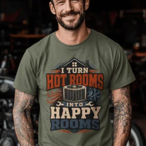 HVAC Technician T-Shirt — "I Turn Hot Rooms Into Happy Rooms" Vintage HVAC Shirt — moss t-shirt, model photo | Pressure Tested Co