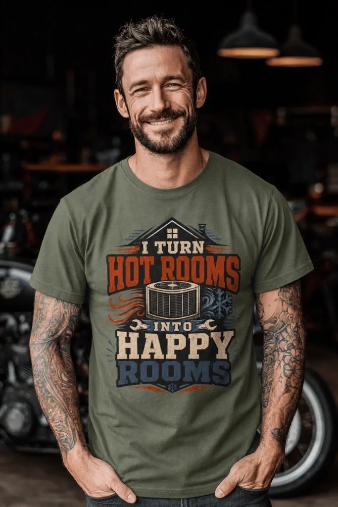 HVAC Technician T-Shirt — "I Turn Hot Rooms Into Happy Rooms" Vintage HVAC Shirt — moss t-shirt, model photo | Pressure Tested Co