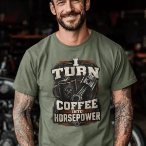 Mechanic Technician T-Shirt — "I Turn Coffee Into Horsepower" Vintage Work Shirt — moss t-shirt, model photo | Pressure Tested Co