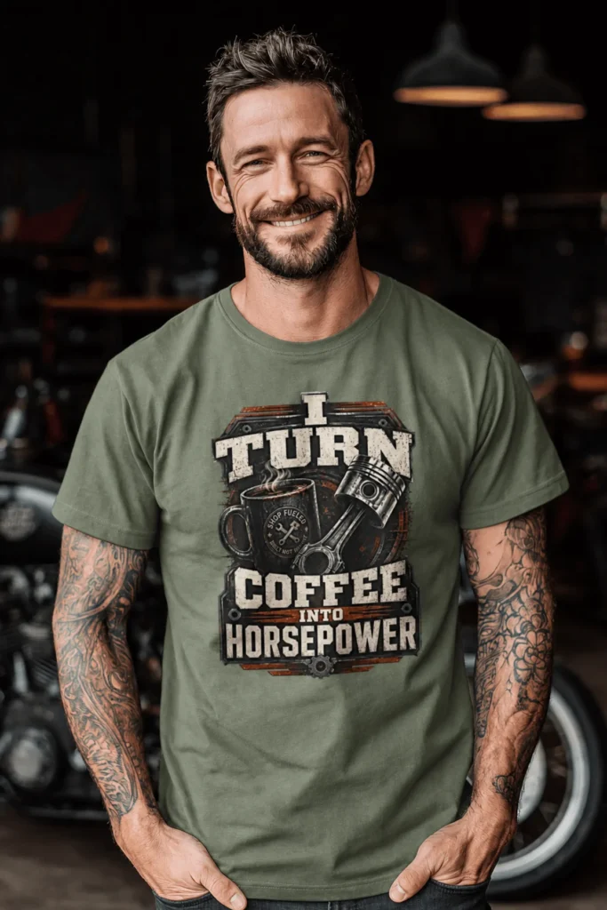 Mechanic Technician T-Shirt — "I Turn Coffee Into Horsepower" Vintage Work Shirt — moss t-shirt, model photo | Pressure Tested Co