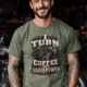 Mechanic Technician T-Shirt — "I Turn Coffee Into Horsepower" Vintage Work Shirt — moss — Model Mechanic Technician T-Shirt — "I Turn Coffee Into Horsepower" Vintage Work Shirt — moss t-shirt, model photo | Pressure Tested Co