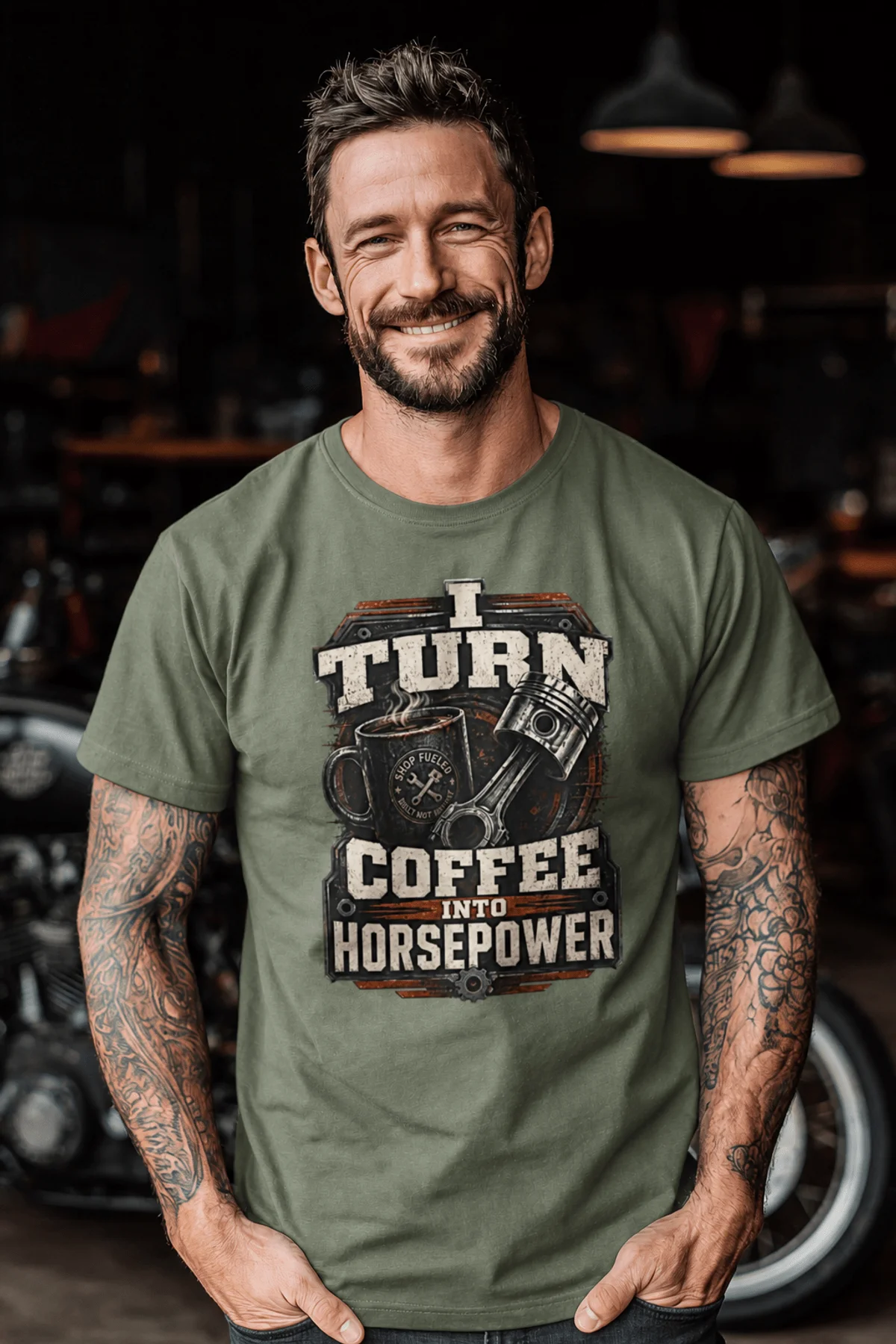 Mechanic Technician T-Shirt — "I Turn Coffee Into Horsepower" Vintage Work Shirt — moss — Model Mechanic Technician T-Shirt — "I Turn Coffee Into Horsepower" Vintage Work Shirt — moss t-shirt, model photo | Pressure Tested Co