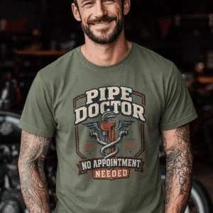 Plumber T-Shirt — "Pipe Doctor. No Appointment Needed" Vintage Work Shirt — moss t-shirt, model photo | Pressure Tested Co