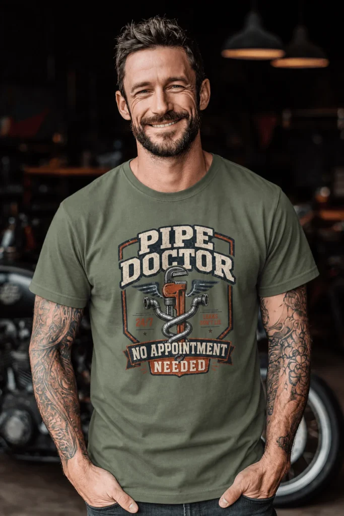 Plumber T-Shirt — "Pipe Doctor. No Appointment Needed" Vintage Work Shirt — moss t-shirt, model photo | Pressure Tested Co