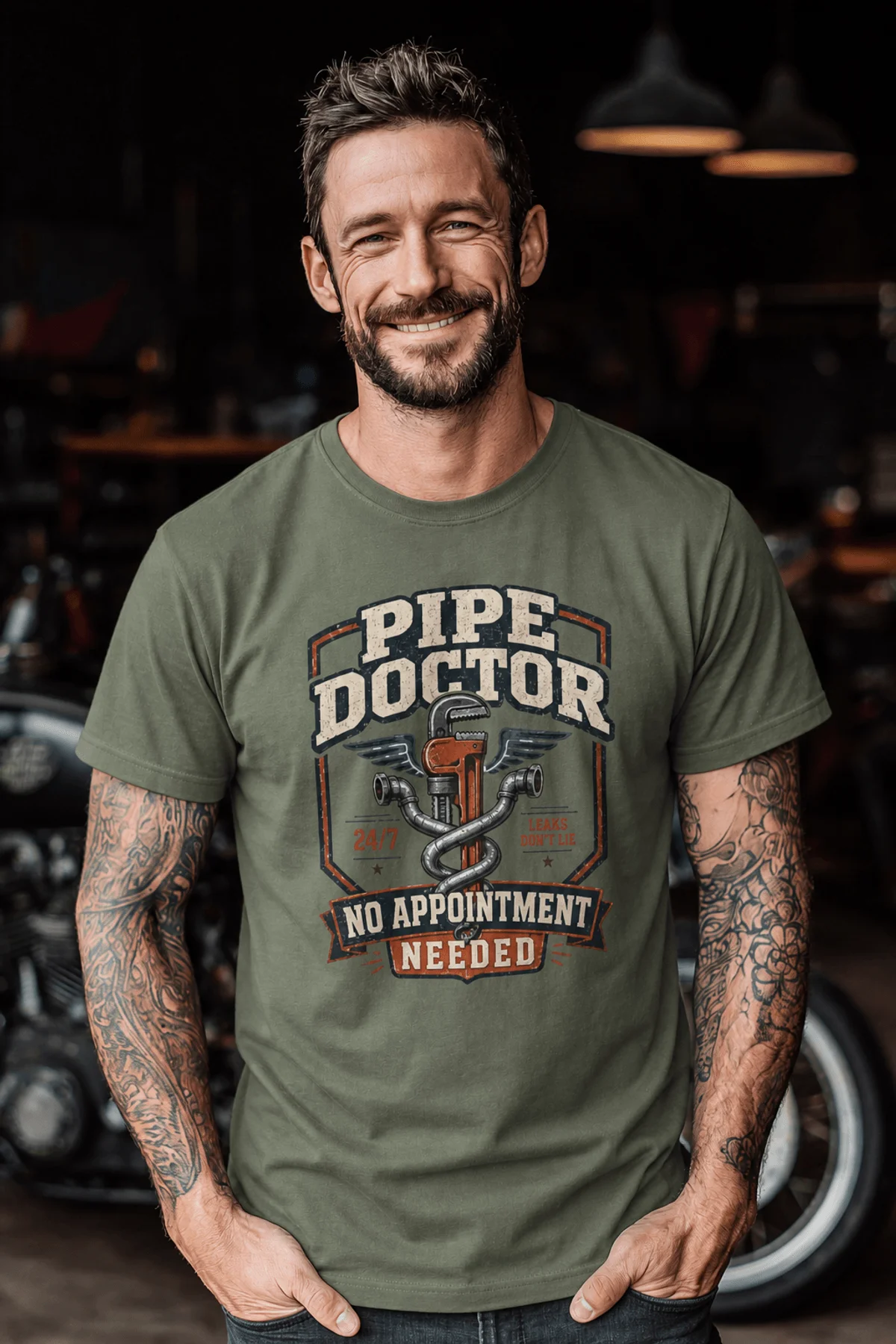 Plumber T-Shirt — "Pipe Doctor. No Appointment Needed" Vintage Work Shirt — moss — Model Plumber T-Shirt — "Pipe Doctor. No Appointment Needed" Vintage Work Shirt — moss t-shirt, model photo | Pressure Tested Co