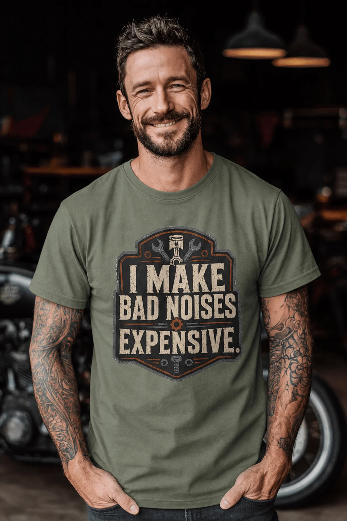Funny Mechanic Tee - "I Make Bad Noises Expensive" Technician Worker/ Mechanic / Gearhead Tee — moss t-shirt, model photo | Pressure Tested Co