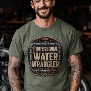 Funny Plumber Tee - "Professional Water Wrangler" Rustic Rope Graphic T-Shirt — moss t-shirt, model photo | Pressure Tested Co