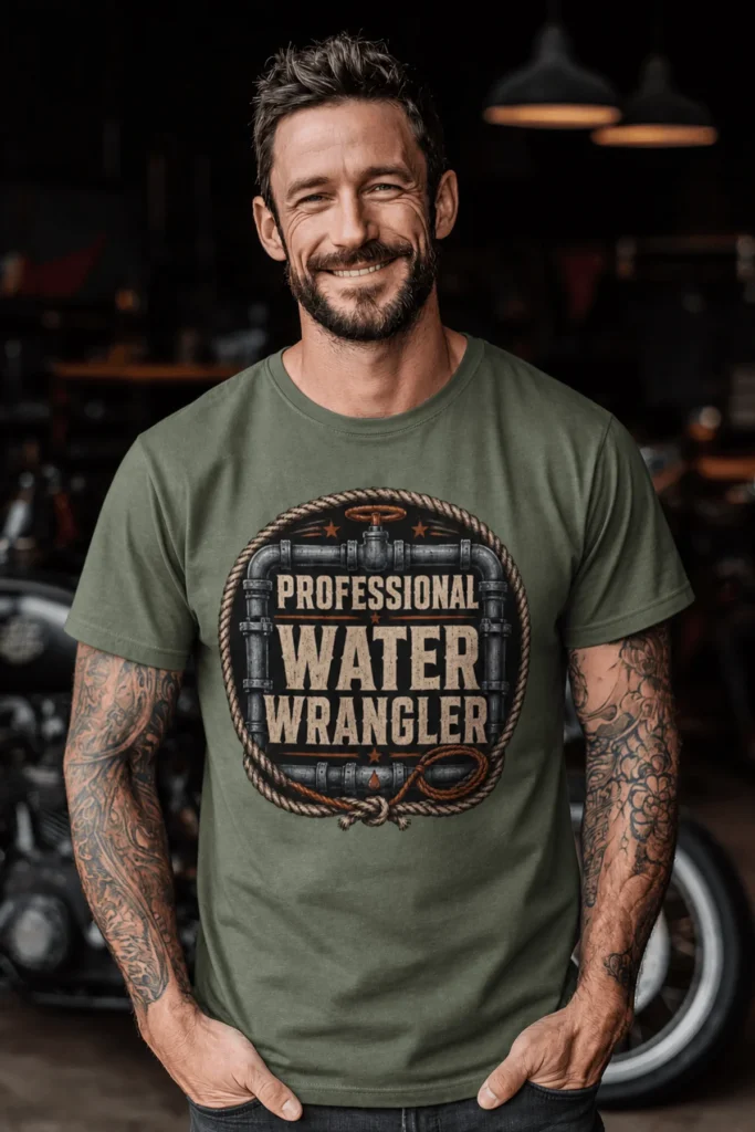 Funny Plumber Tee - "Professional Water Wrangler" Rustic Rope Graphic T-Shirt — moss t-shirt, model photo | Pressure Tested Co