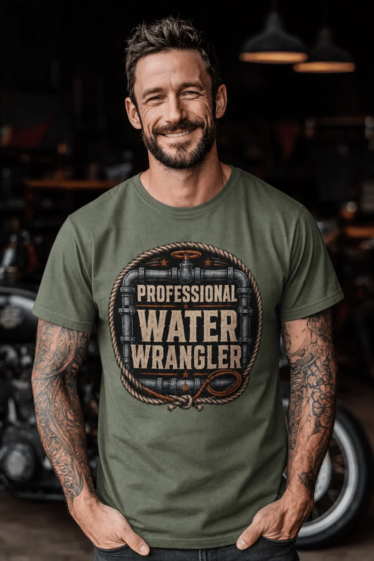 Funny Plumber Tee - "Professional Water Wrangler" Rustic Rope Graphic T-Shirt — moss t-shirt, model photo | Pressure Tested Co