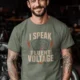 I Speak Fluent Voltage T-Shirt — Electrician & Electronics Tech Gift — moss t-shirt, model photo | Pressure Tested Co