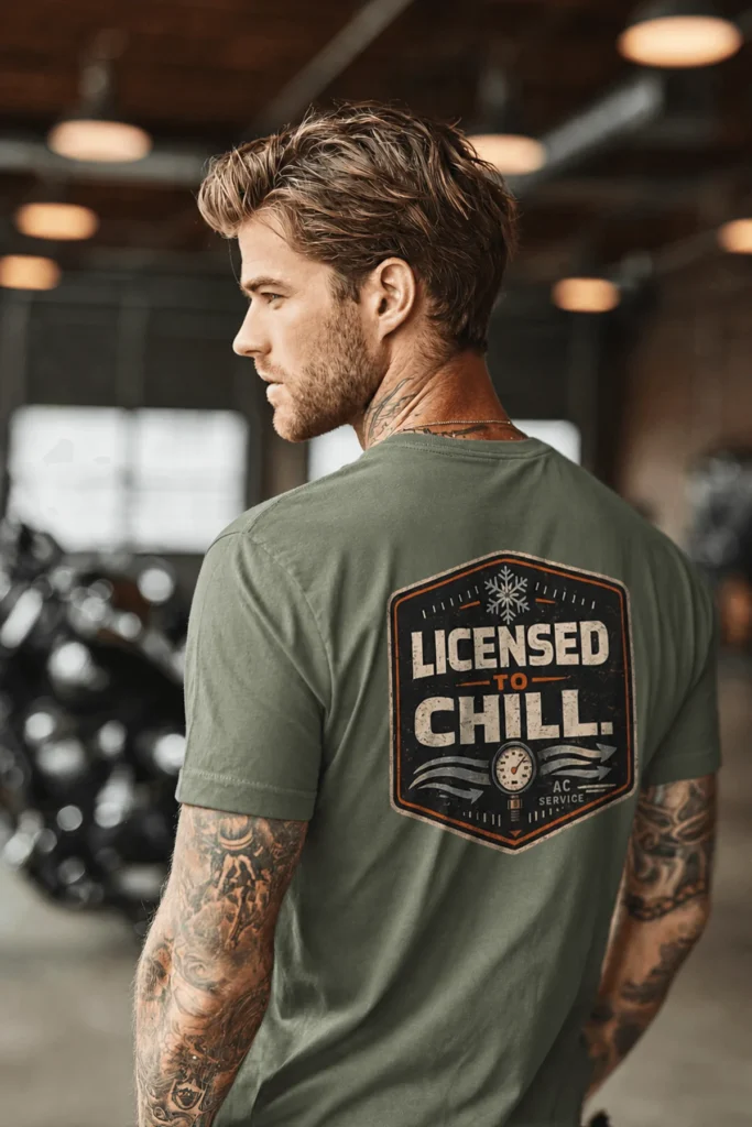 Funny HVAC Tee - "Licensed To Chill" HVAC Technician T-Shirt — moss t-shirt, model photo | Pressure Tested Co