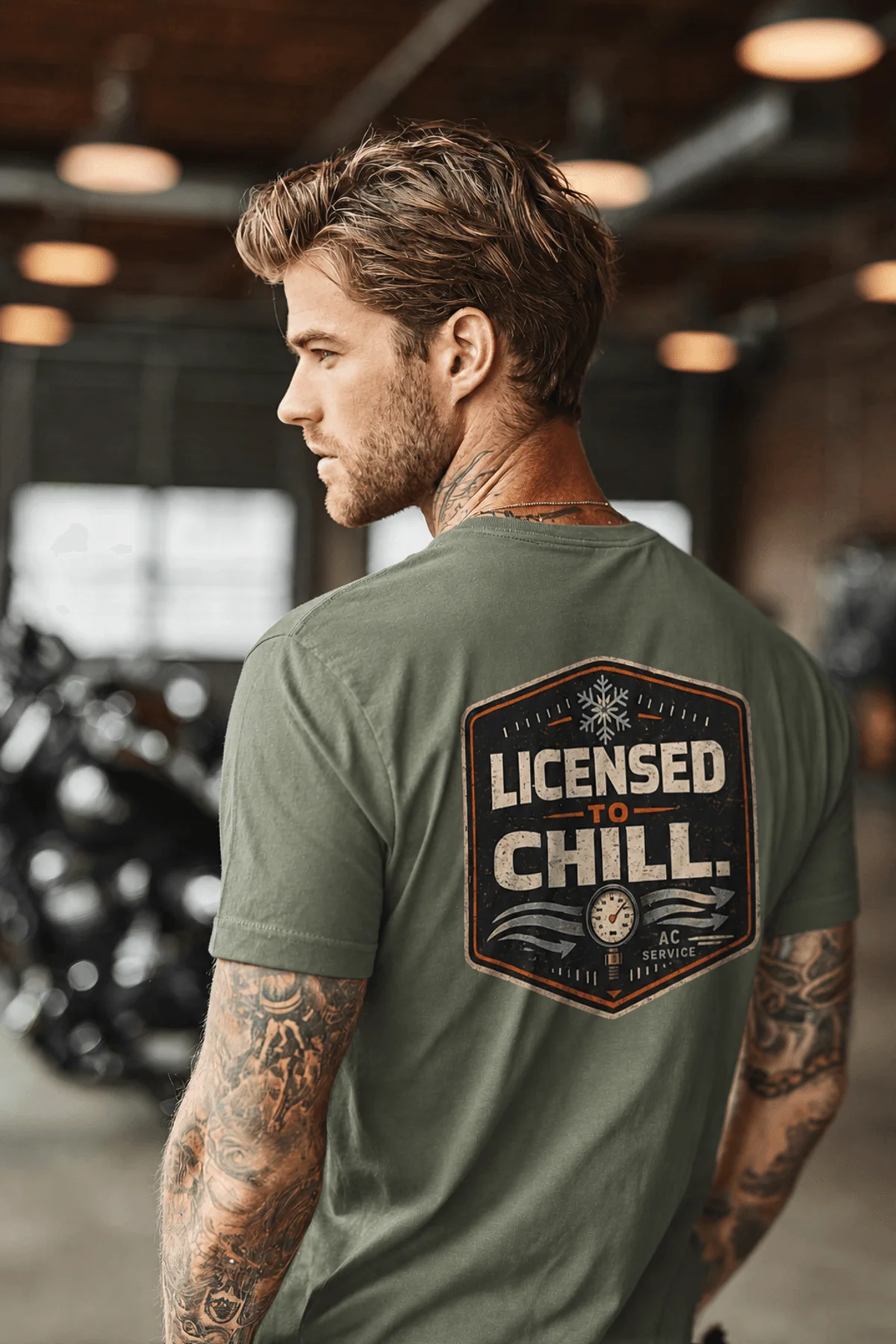 Funny HVAC Tee - "Licensed To Chill" HVAC Technician T-Shirt — moss t-shirt, model photo | Pressure Tested Co