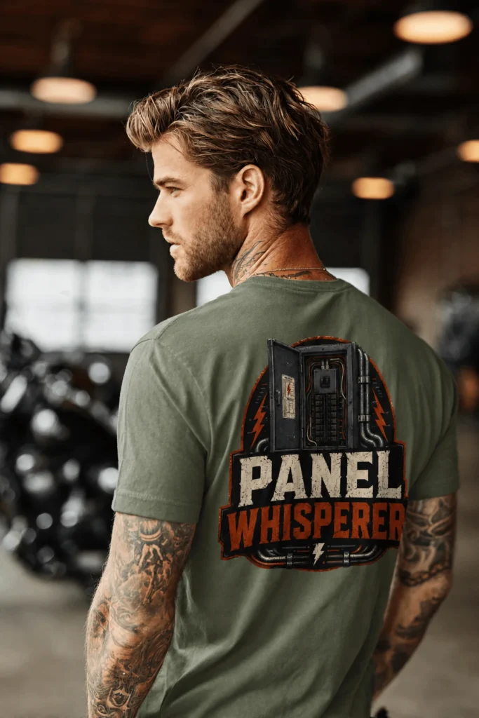 Funny Electrician Tee - "Panel Whisperer" Electrical Worker T-Shirt — moss t-shirt, model photo | Pressure Tested Co