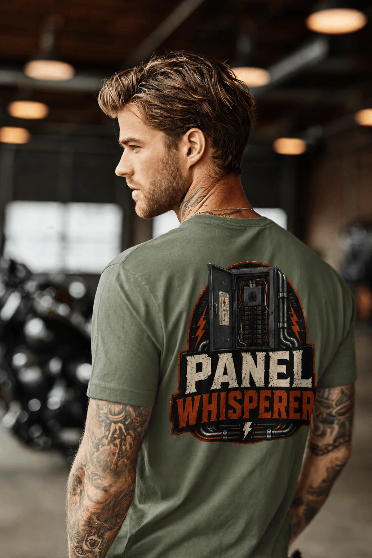 Funny Electrician Tee - "Panel Whisperer" Electrical Worker T-Shirt — moss t-shirt, model photo | Pressure Tested Co