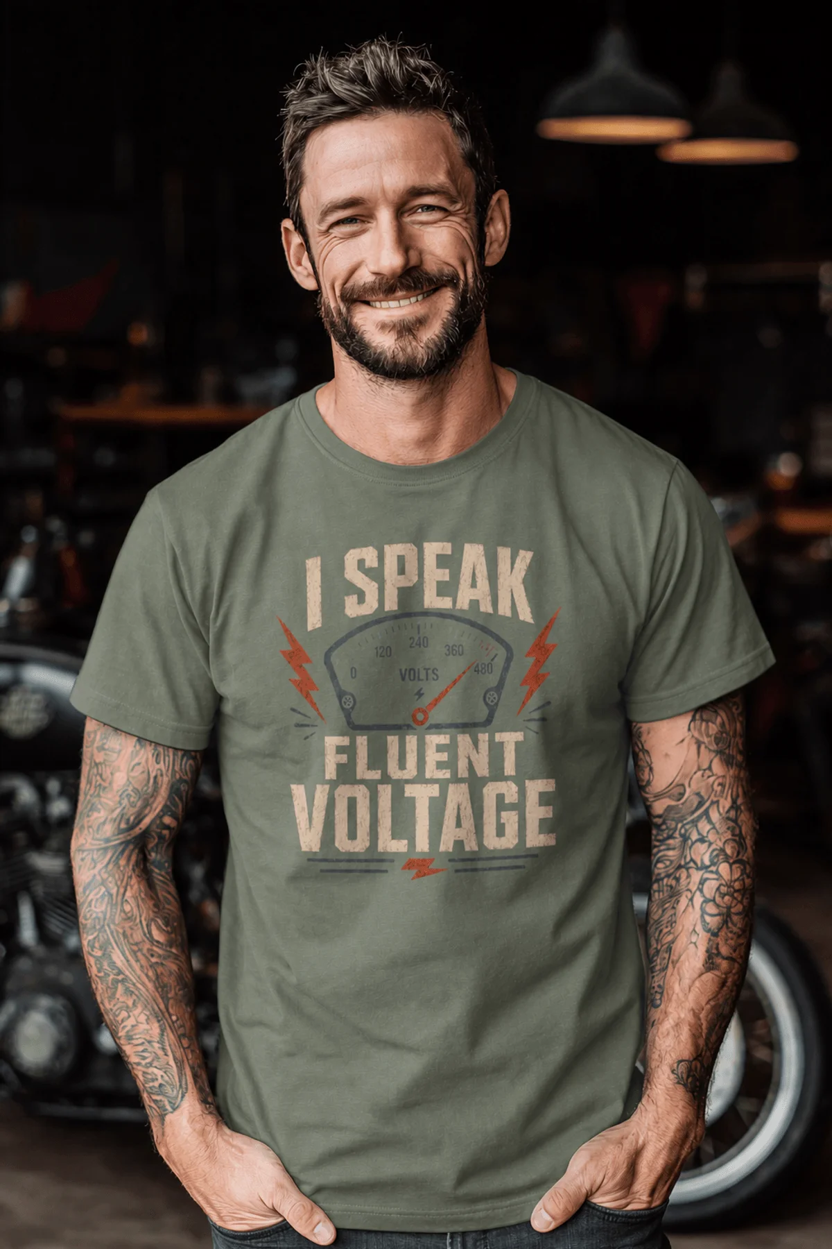 I Speak Fluent Voltage T-Shirt — Electrician & Electronics Tech Gift — moss t-shirt, model photo | Pressure Tested Co