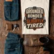 Grounded, Bonded and Slightly Tired Graphic Tee — Funny Electrical Worker Shirt — natural t-shirt, flat-lay product photo | Pressure Tested Co