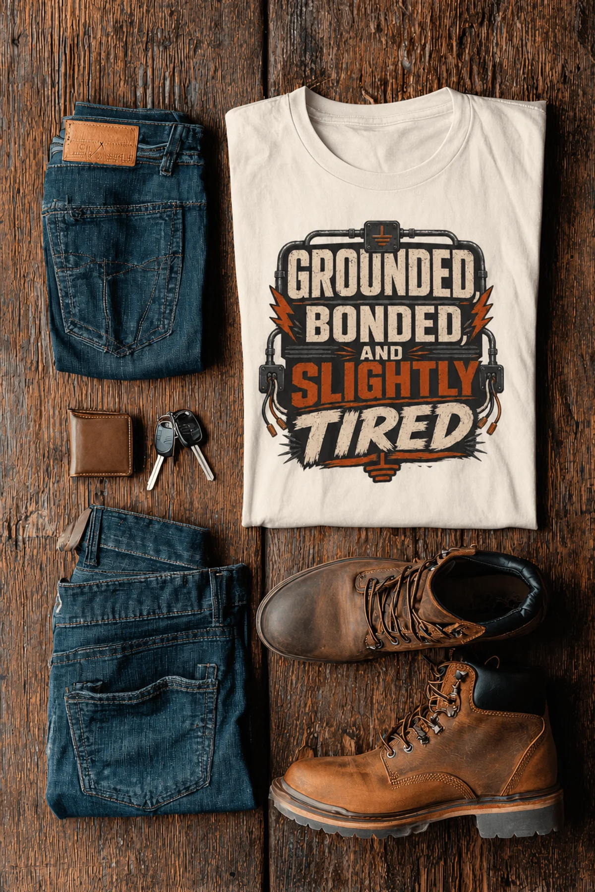 Grounded, Bonded and Slightly Tired Graphic Tee — Funny Electrical Worker Shirt — natural t-shirt, flat-lay product photo | Pressure Tested Co