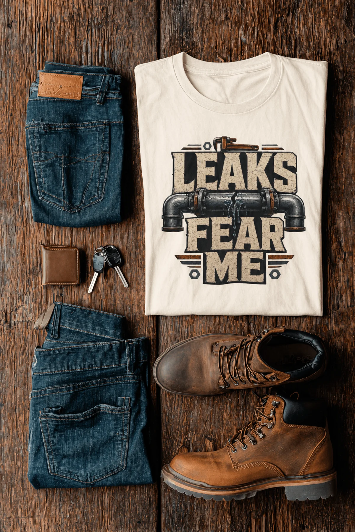 Leaks Fear Me T-Shirt - Funny Plumber Pipes Tee — natural t-shirt, flat-lay product photo | Pressure Tested Co