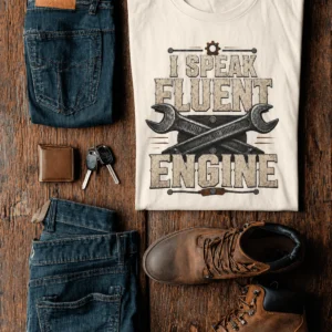 I Speak Fluent Engine T-Shirt — Mechanic Wrench Vintage Auto Repair Tee — natural t-shirt, flat-lay product photo | Pressure Tested Co