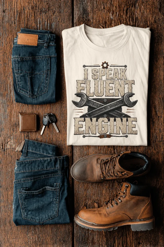 I Speak Fluent Engine T-Shirt — Mechanic Wrench Vintage Auto Repair Tee — natural t-shirt, flat-lay product photo | Pressure Tested Co