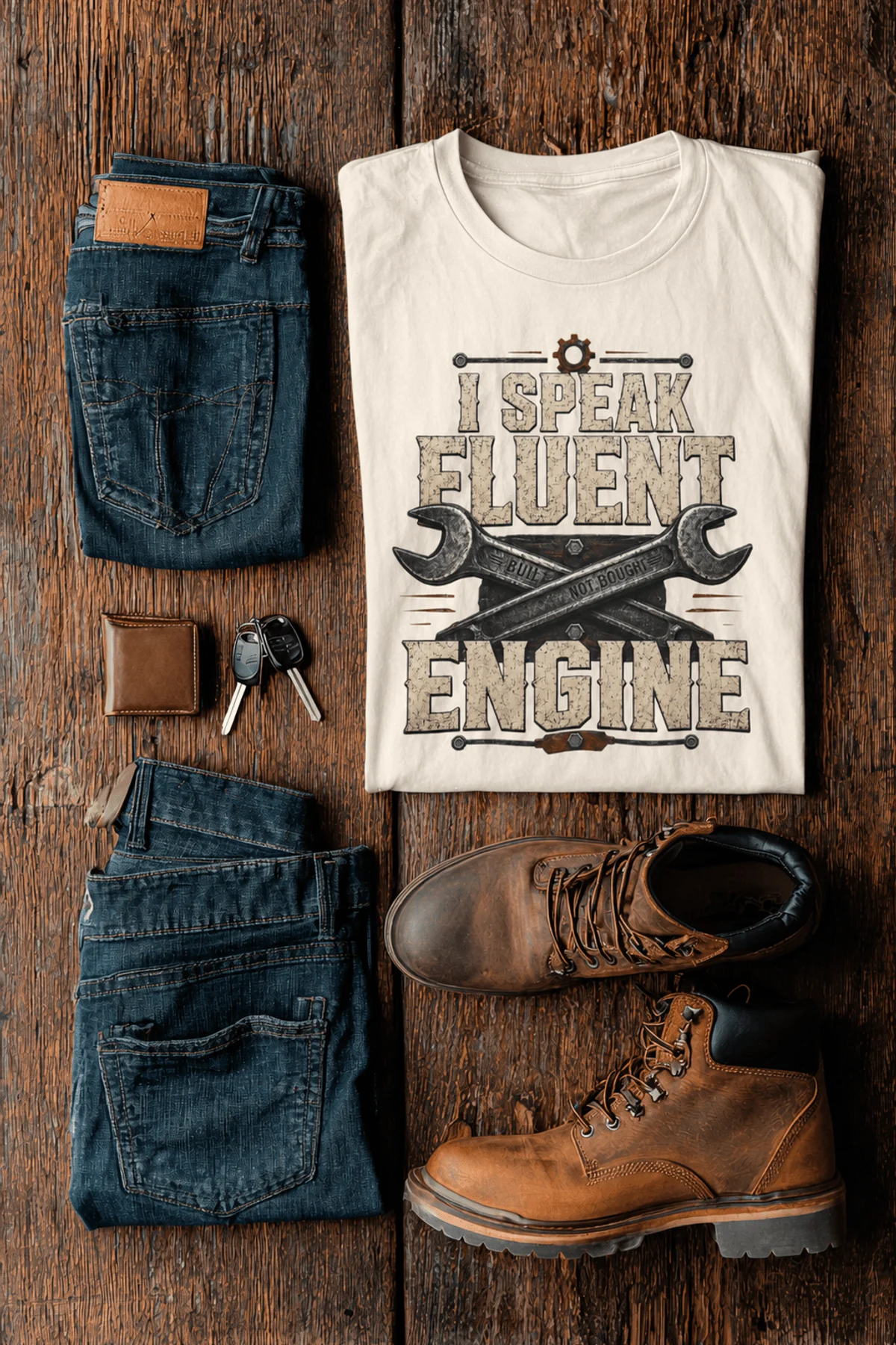 I Speak Fluent Engine T-Shirt — Mechanic Wrench Vintage Auto Repair Tee — natural — Flat-lay I Speak Fluent Engine T-Shirt — Mechanic Wrench Vintage Auto Repair Tee — natural t-shirt, flat-lay product photo | Pressure Tested Co