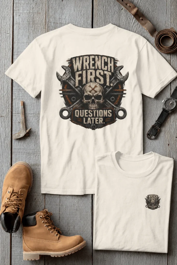 Wrench First Tee — "Wrench First, Questions Later" Mechanic Skull T-Shirt — natural t-shirt, flat-lay product photo | Pressure Tested Co