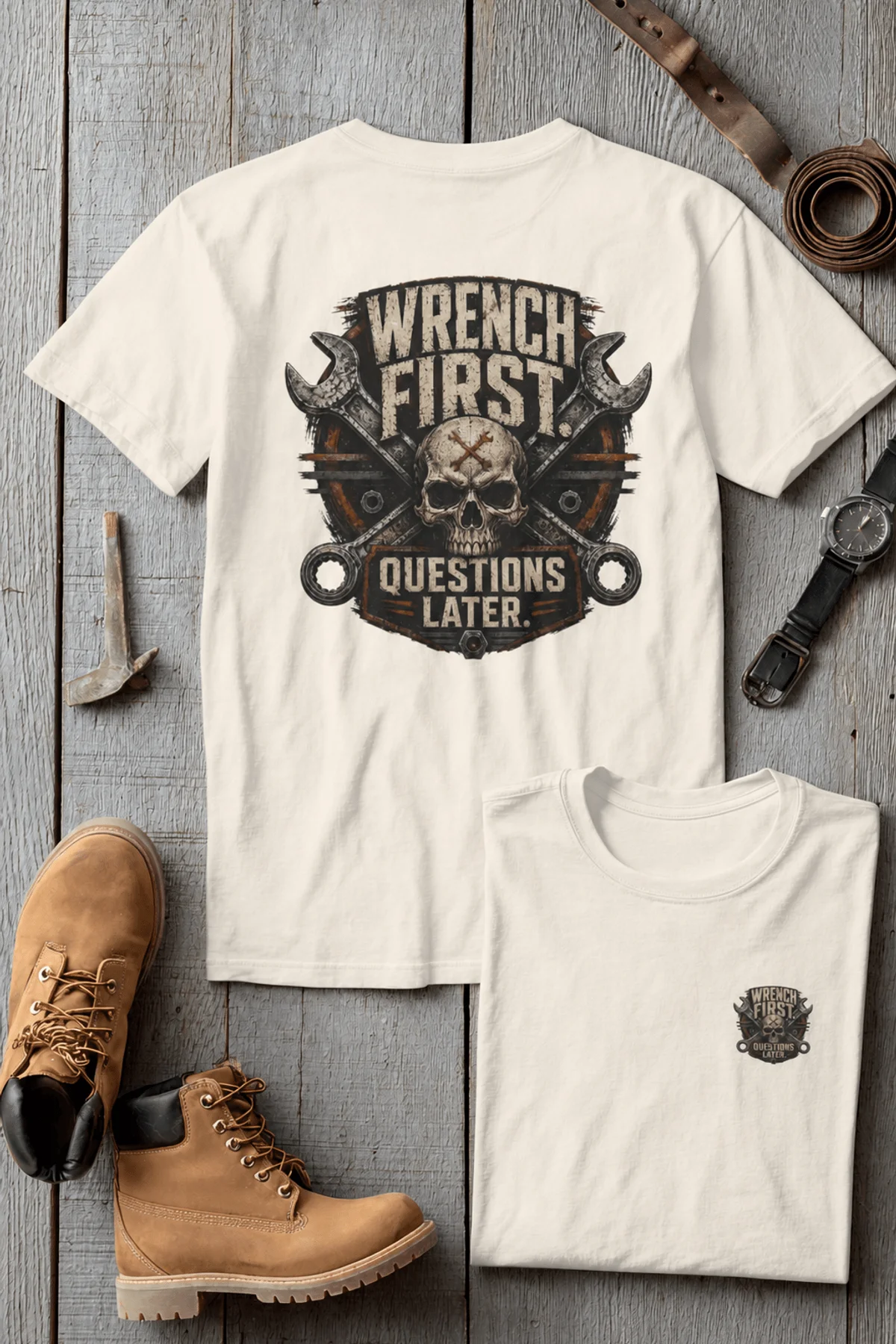 Wrench First Tee — "Wrench First, Questions Later" Mechanic Skull T-Shirt — natural t-shirt, flat-lay product photo | Pressure Tested Co