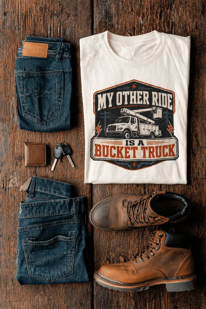 Bucket Truck T-Shirt - “My Other Ride Is A Bucket Truck” Utility Crew/Electrician Tee — natural t-shirt, flat-lay product photo | Pressure Tested Co