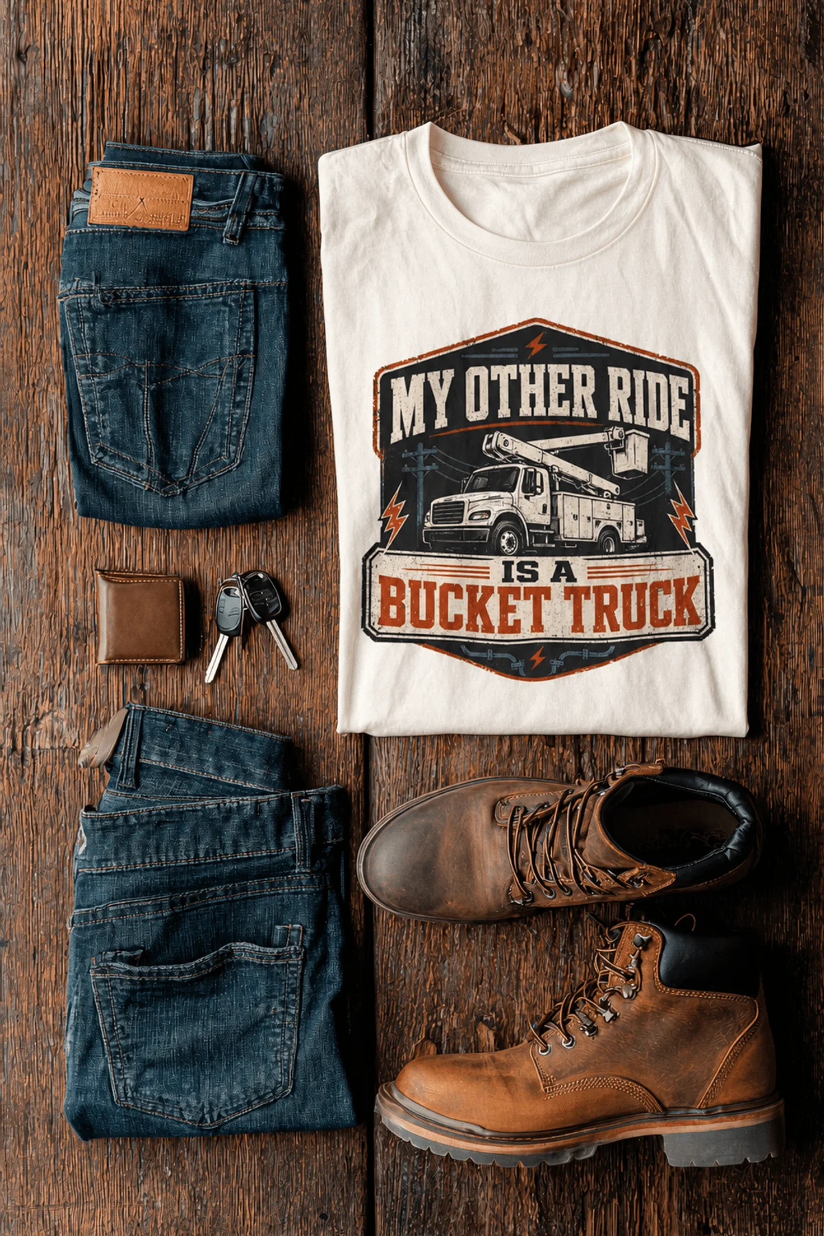 Bucket Truck T-Shirt - “My Other Ride Is A Bucket Truck” Utility Crew/Electrician Tee — natural t-shirt, flat-lay product photo | Pressure Tested Co