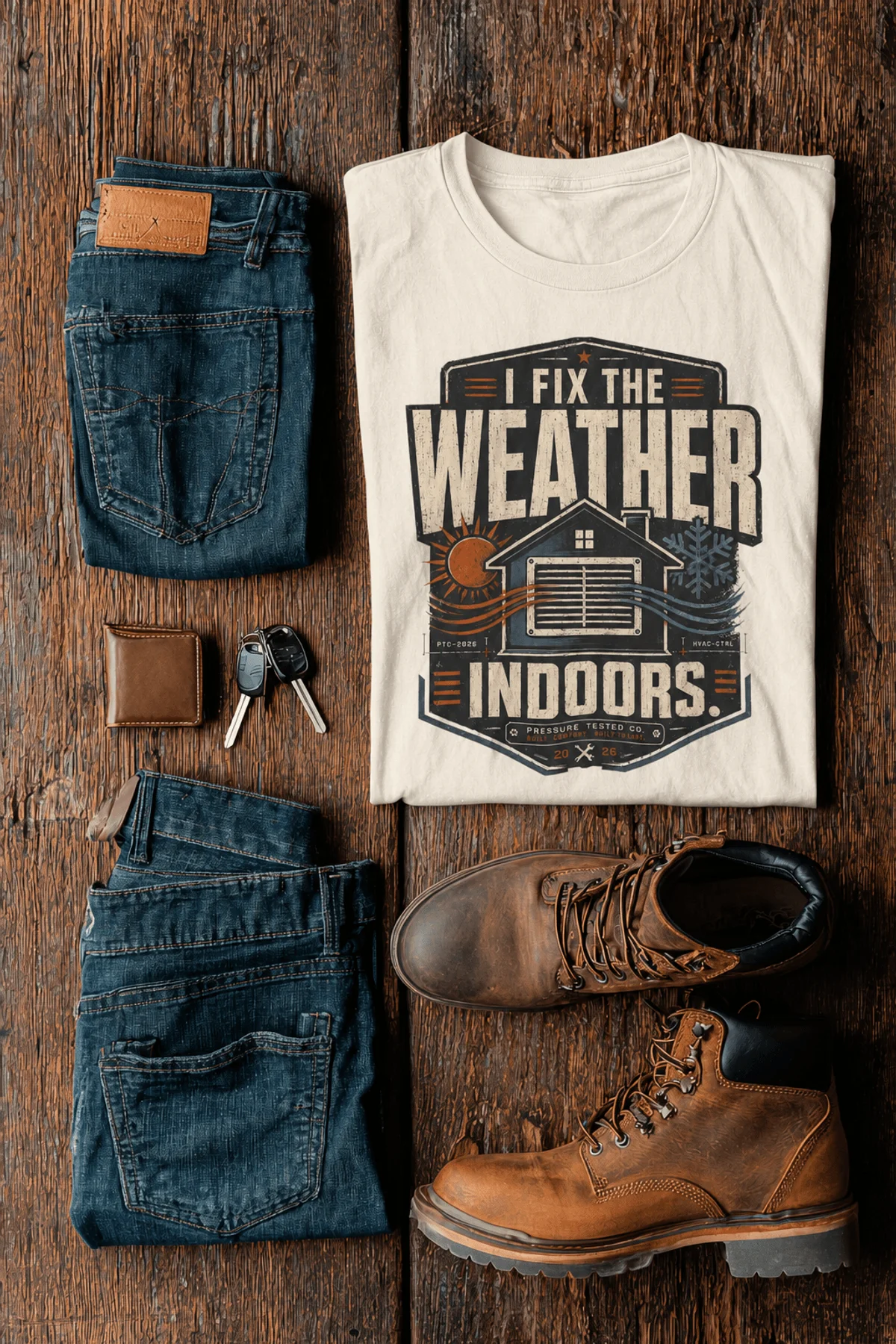 Funny HVAC Technician Tee - “I Fix The Weather Indoors.” Cooling/Furnace Shop Work Shirt — natural — Flat-lay Funny HVAC Technician Tee - “I Fix The Weather Indoors.” Cooling/Furnace Shop Work Shirt — natural t-shirt, flat-lay product photo | Pressure Tested Co