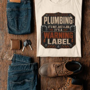 Plumbing Warning Label T-Shirt — Funny Plumber Shirt — natural t-shirt, flat-lay product photo | Pressure Tested Co