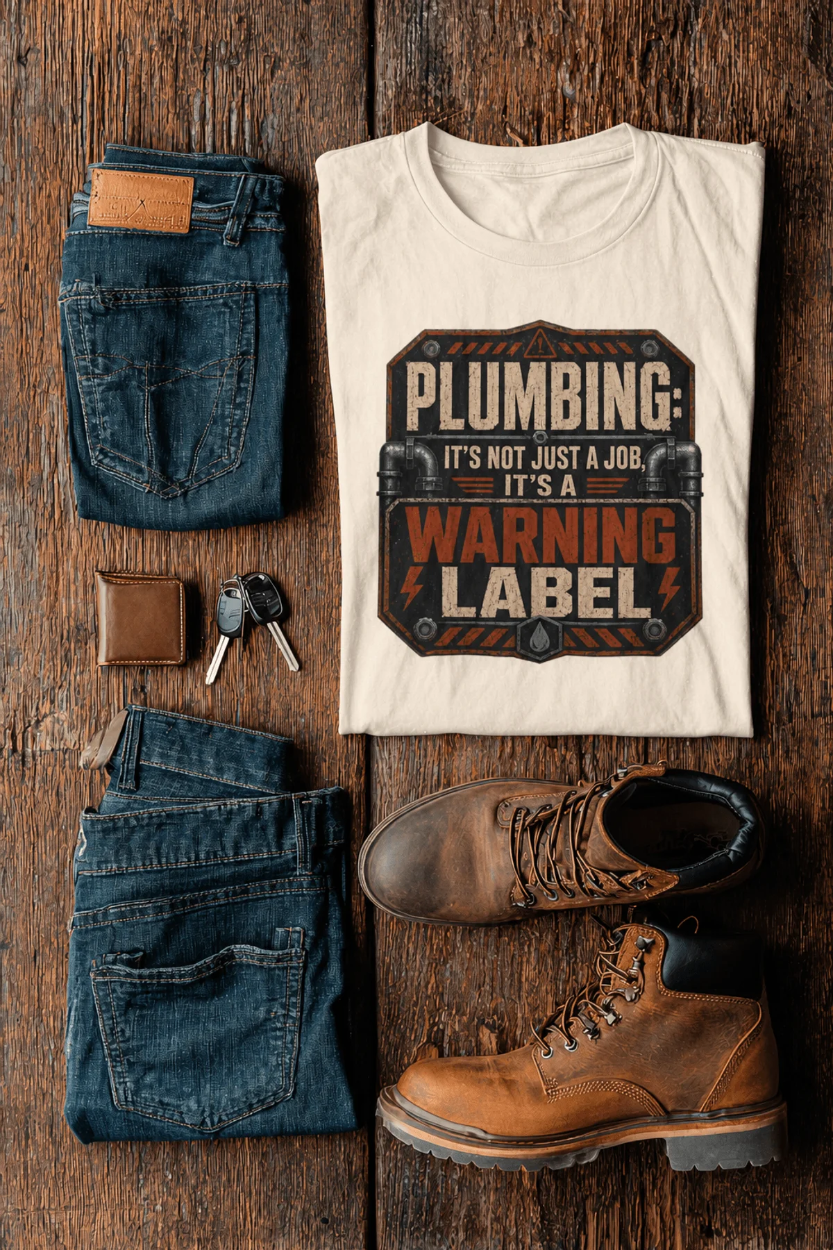 Plumbing Warning Label T-Shirt — Funny Plumber Shirt — natural t-shirt, flat-lay product photo | Pressure Tested Co