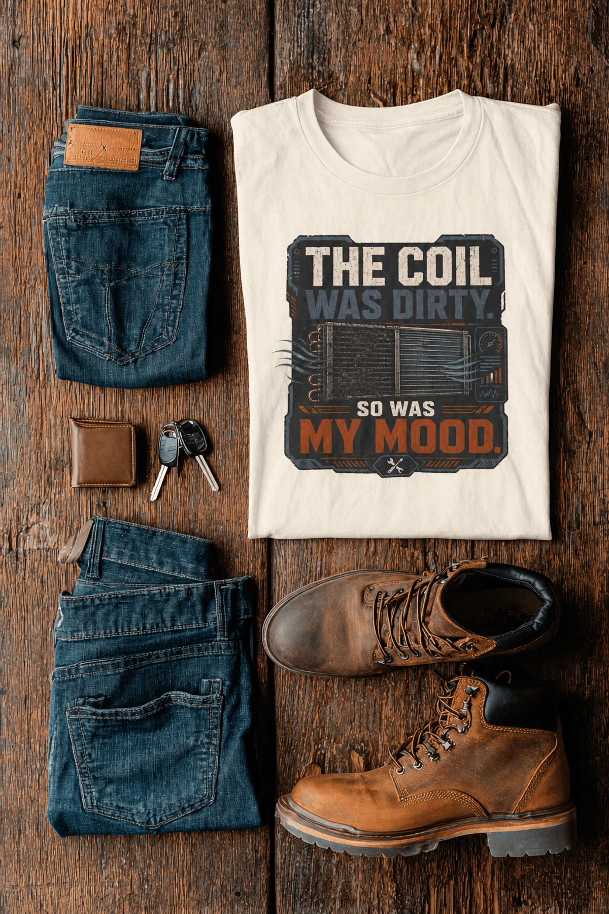 HVAC Technician Tee — “THE COIL WAS DIRTY. SO WAS MY MOOD.” — natural — Flat-lay HVAC Technician Tee — “THE COIL WAS DIRTY. SO WAS MY MOOD.” — natural t-shirt, flat-lay product photo | Pressure Tested Co