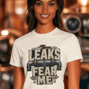 Leaks Fear Me T-Shirt - Funny Plumber Pipes Tee — natural t-shirt, model photo | Pressure Tested Co