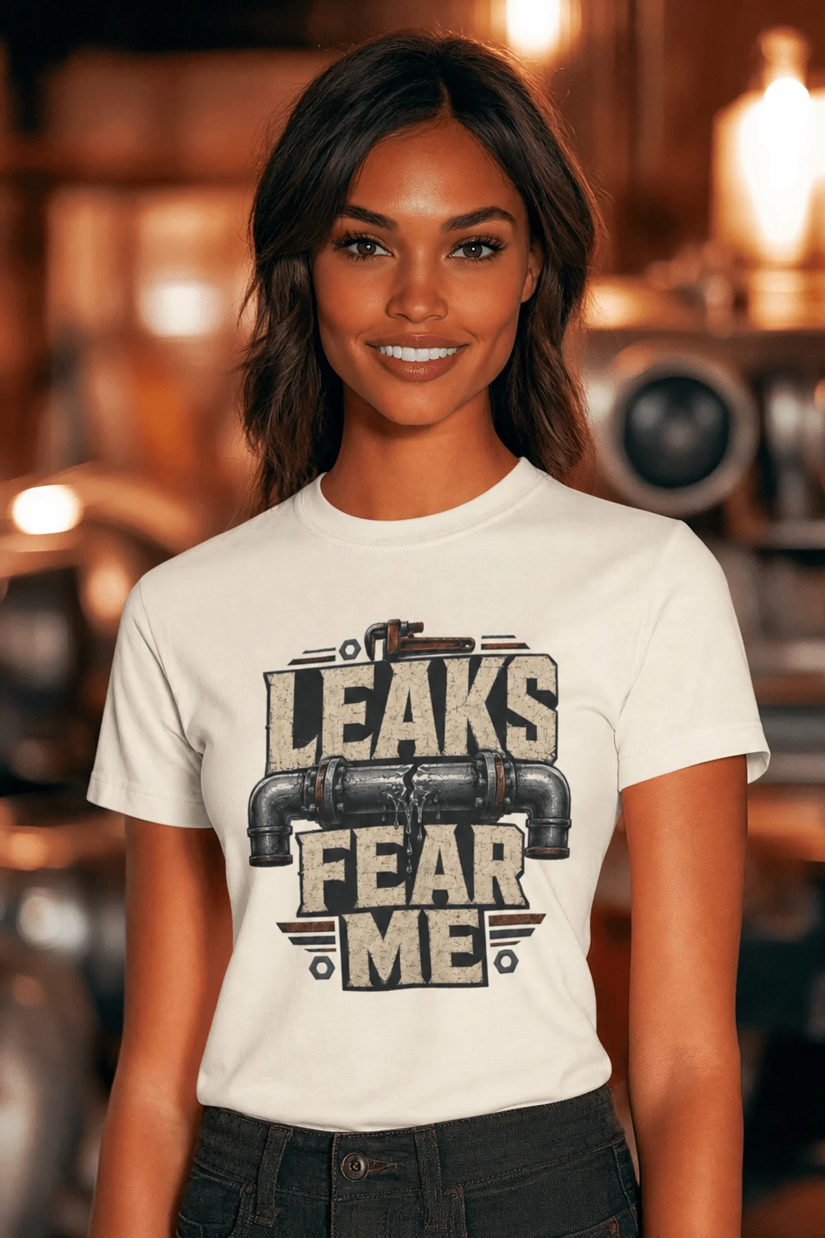 Leaks Fear Me T-Shirt - Funny Plumber Pipes Tee — natural t-shirt, model photo | Pressure Tested Co