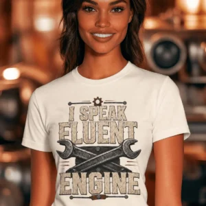 I Speak Fluent Engine T-Shirt — Mechanic Wrench Vintage Auto Repair Tee — natural t-shirt, model photo | Pressure Tested Co