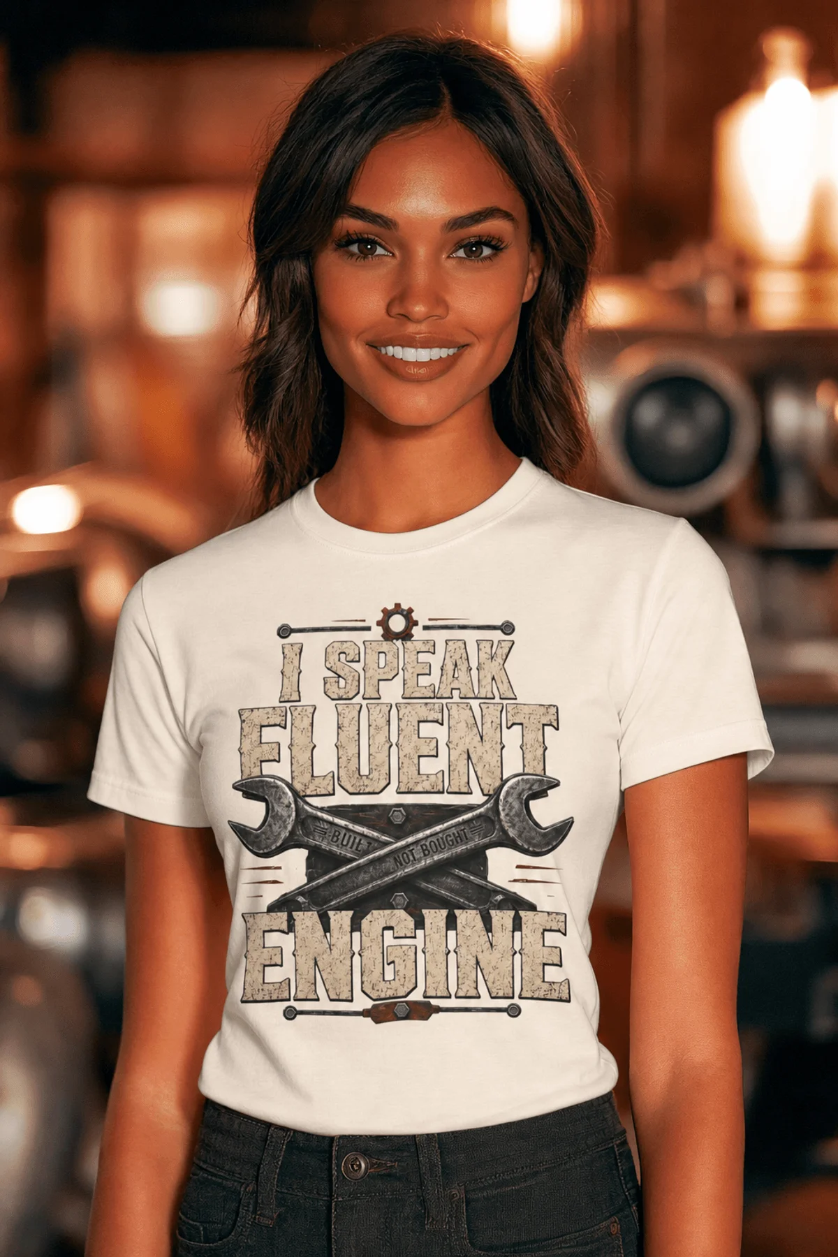 I Speak Fluent Engine T-Shirt — Mechanic Wrench Vintage Auto Repair Tee — natural — Model I Speak Fluent Engine T-Shirt — Mechanic Wrench Vintage Auto Repair Tee — natural t-shirt, model photo | Pressure Tested Co