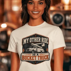 Bucket Truck T-Shirt - “My Other Ride Is A Bucket Truck” Utility Crew/Electrician Tee — natural t-shirt, model photo | Pressure Tested Co