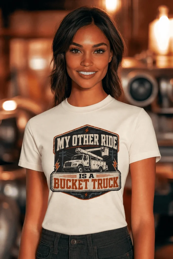 Bucket Truck T-Shirt - “My Other Ride Is A Bucket Truck” Utility Crew/Electrician Tee — natural t-shirt, model photo | Pressure Tested Co
