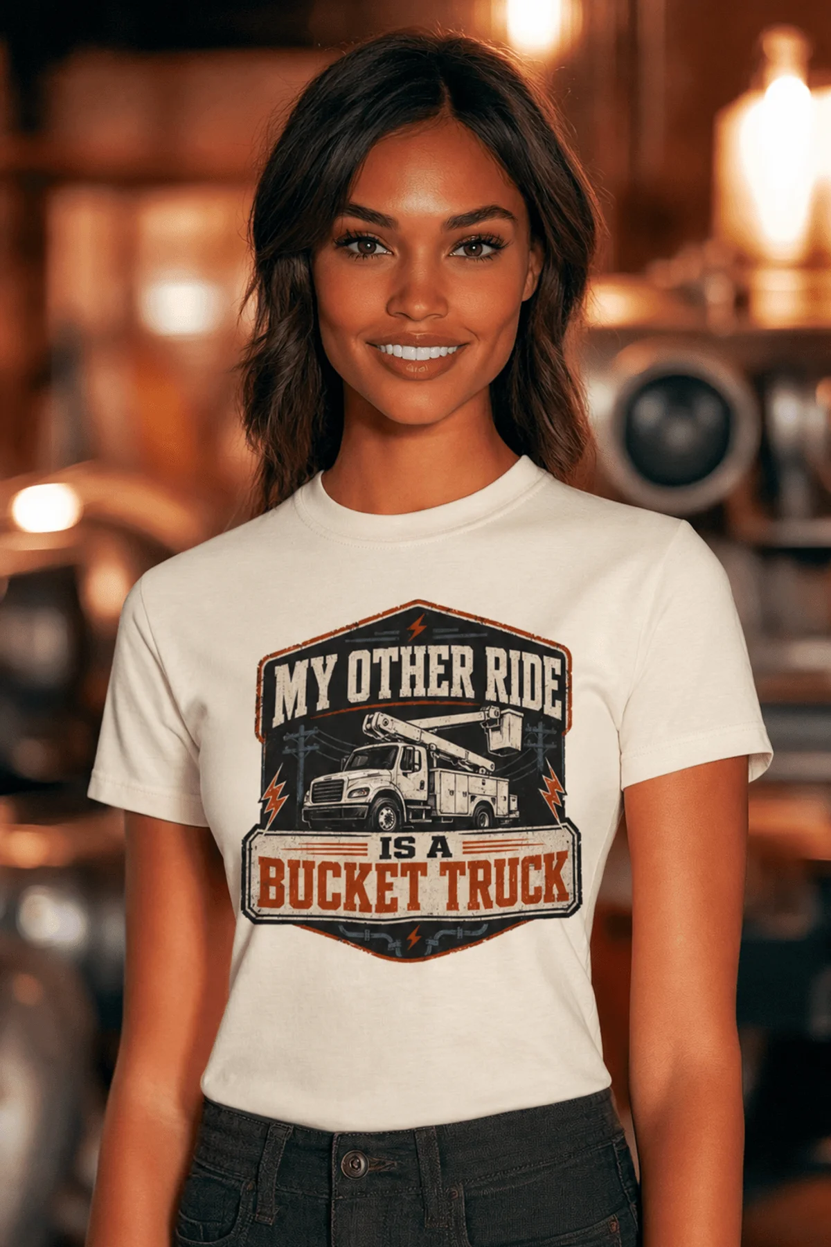 Bucket Truck T-Shirt - “My Other Ride Is A Bucket Truck” Utility Crew/Electrician Tee — natural t-shirt, model photo | Pressure Tested Co