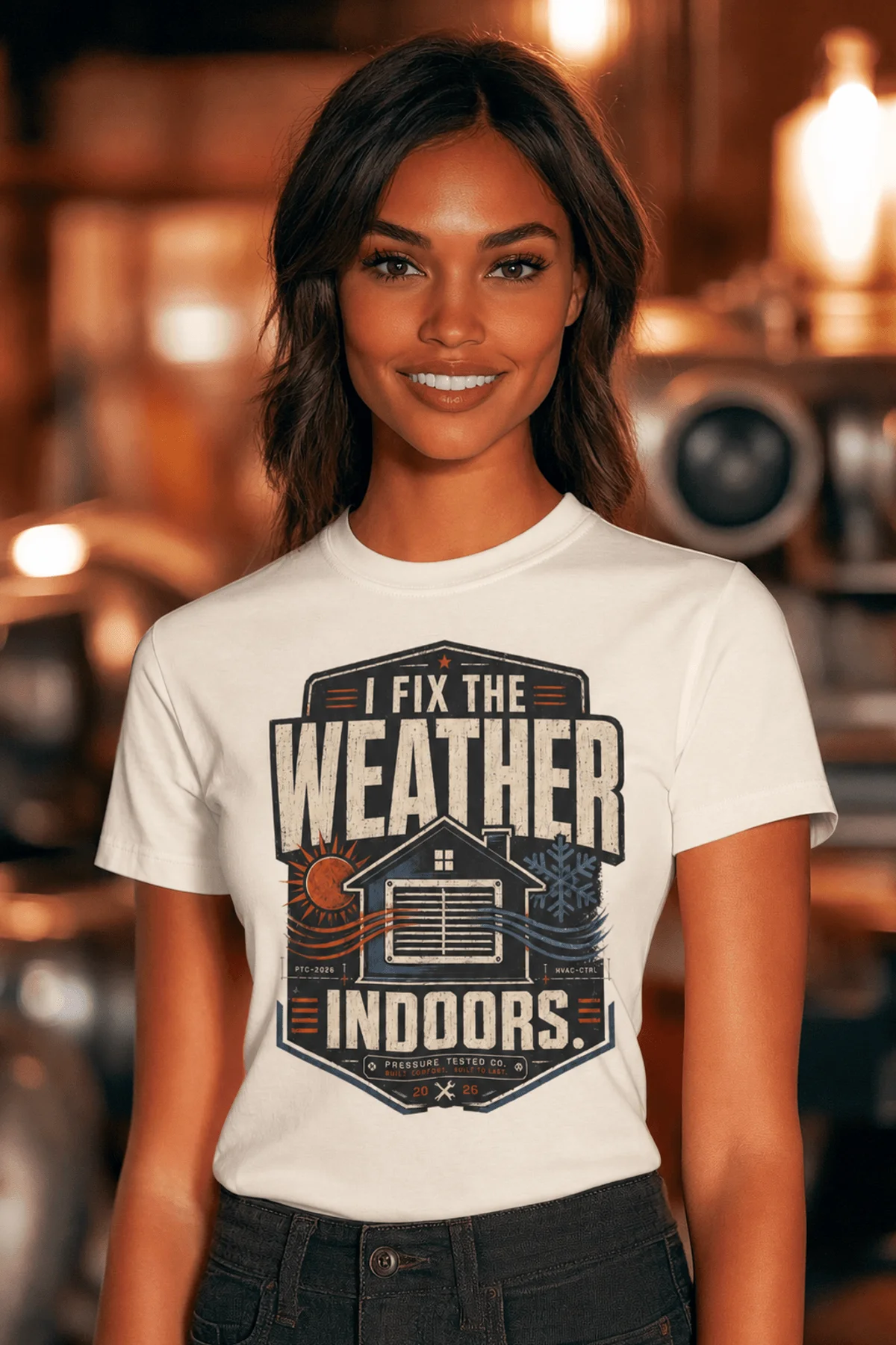 Funny HVAC Technician Tee - “I Fix The Weather Indoors.” Cooling/Furnace Shop Work Shirt — natural — Model Funny HVAC Technician Tee - “I Fix The Weather Indoors.” Cooling/Furnace Shop Work Shirt — natural t-shirt, model photo | Pressure Tested Co