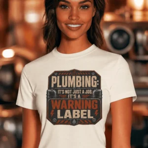 Plumbing Warning Label T-Shirt — Funny Plumber Shirt — natural t-shirt, model photo | Pressure Tested Co