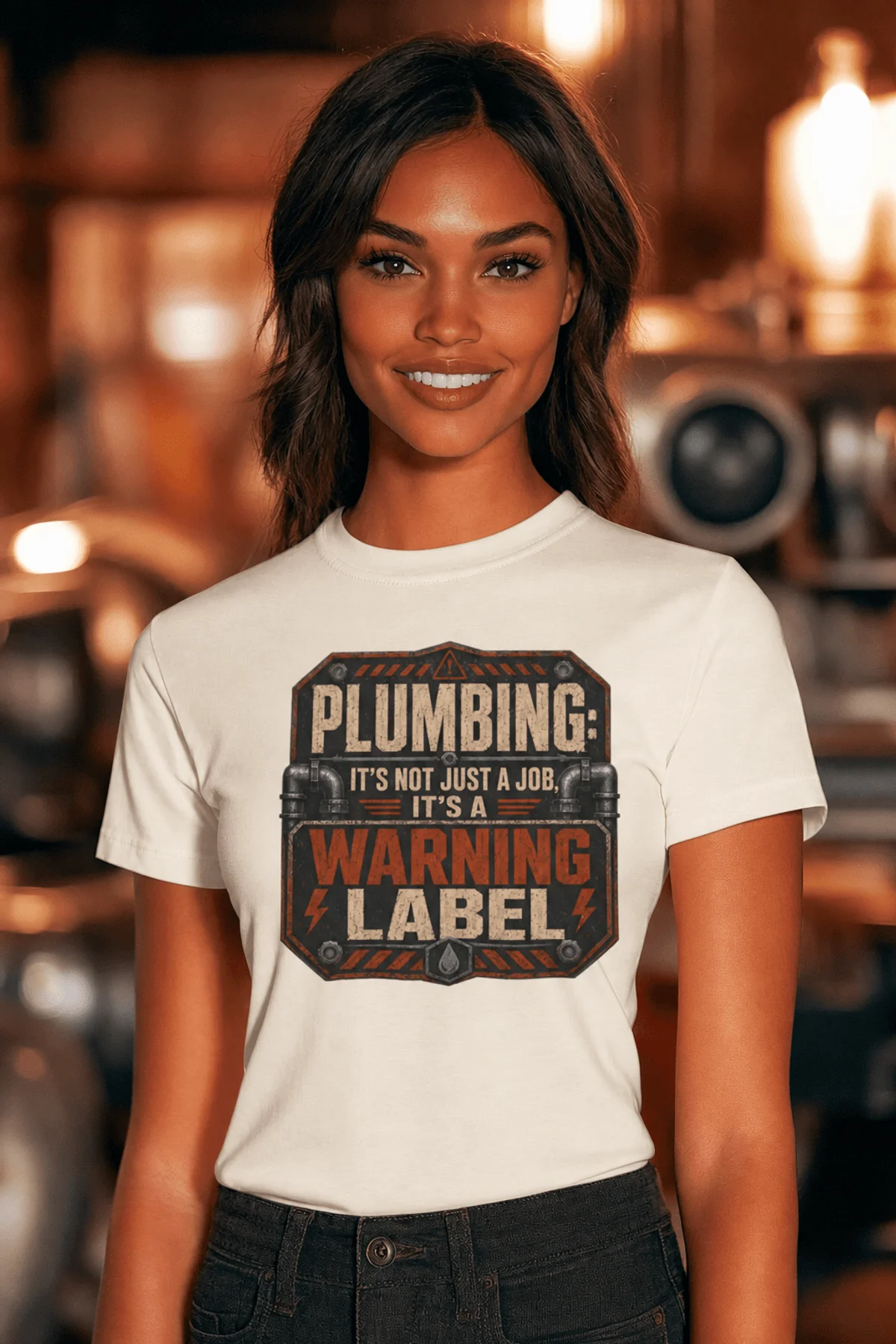 Plumbing Warning Label T-Shirt — Funny Plumber Shirt — natural t-shirt, model photo | Pressure Tested Co