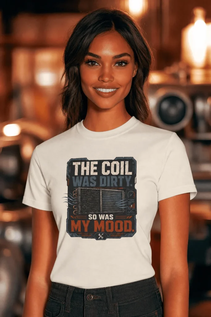 HVAC Technician Tee — “THE COIL WAS DIRTY. SO WAS MY MOOD.” — natural t-shirt, model photo | Pressure Tested Co