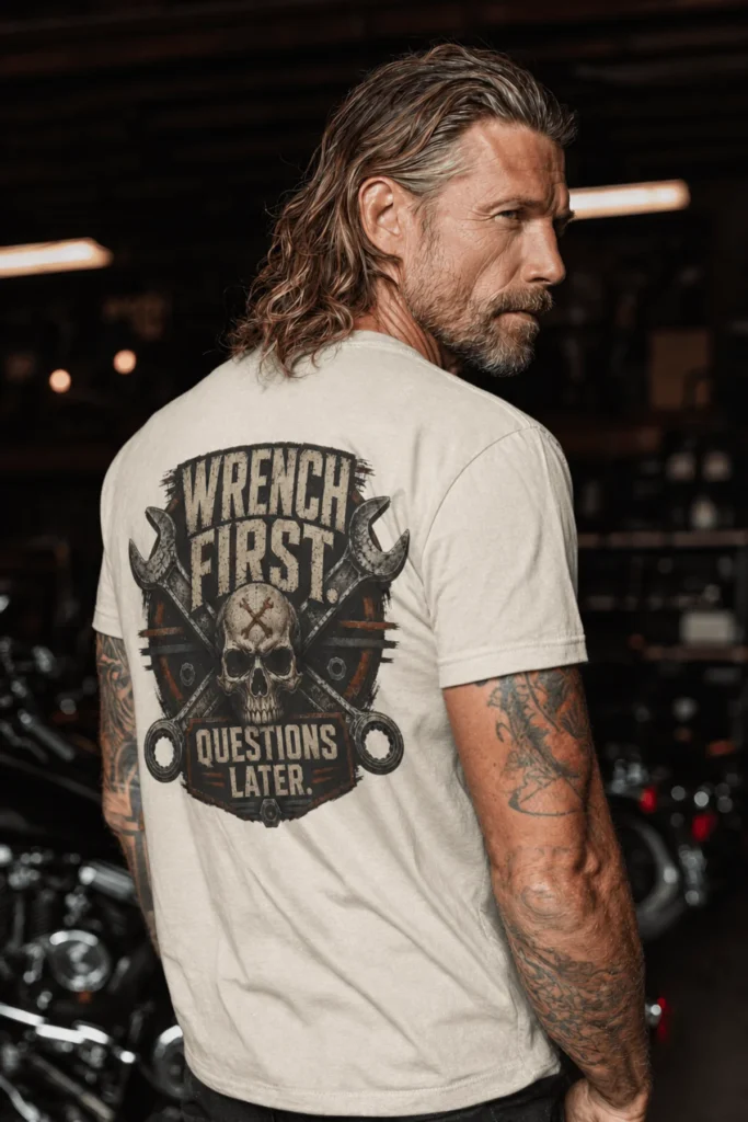 Wrench First Tee — "Wrench First, Questions Later" Mechanic Skull T-Shirt — natural t-shirt, model photo | Pressure Tested Co