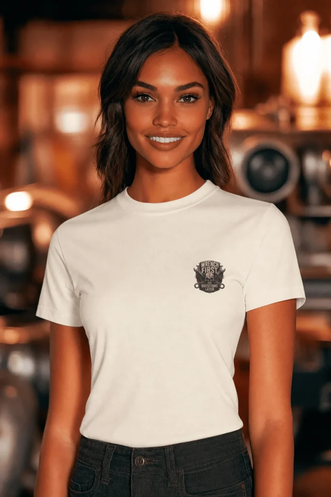 Wrench First Tee — "Wrench First, Questions Later" Mechanic Skull T-Shirt — natural t-shirt, model photo | Pressure Tested Co