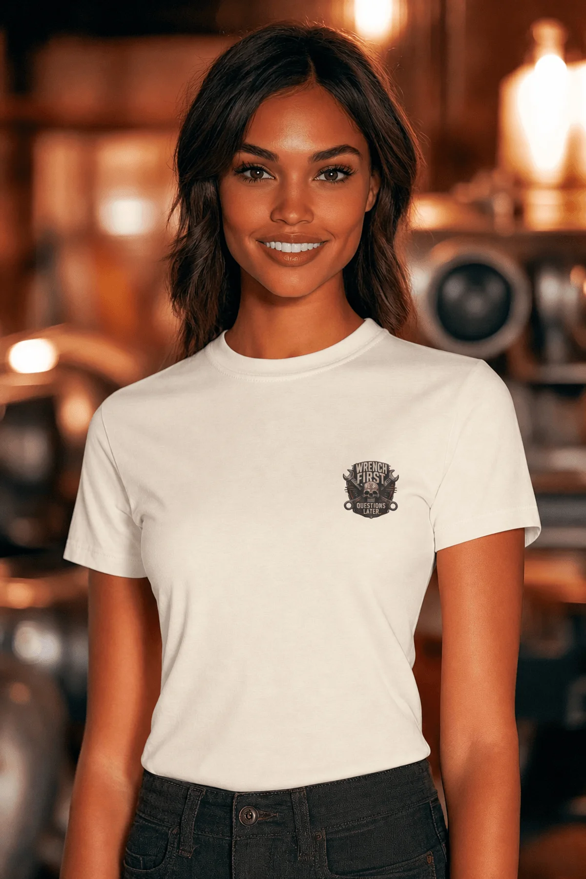 Wrench First Tee — "Wrench First, Questions Later" Mechanic Skull T-Shirt — natural t-shirt, model photo | Pressure Tested Co
