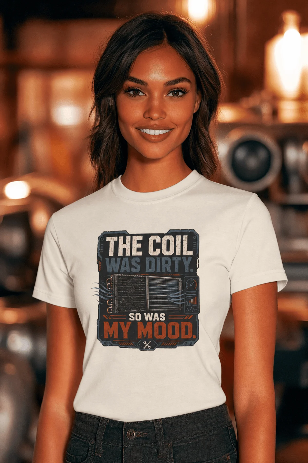 HVAC Technician Tee — “THE COIL WAS DIRTY. SO WAS MY MOOD.” — natural — Model HVAC Technician Tee — “THE COIL WAS DIRTY. SO WAS MY MOOD.” — natural t-shirt, model photo | Pressure Tested Co