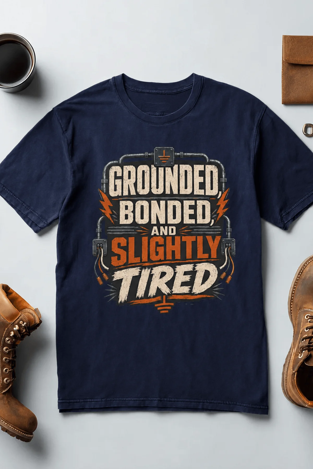 Grounded, Bonded and Slightly Tired Graphic Tee — Funny Electrical Worker Shirt — navy t-shirt, flat-lay product photo | Pressure Tested Co
