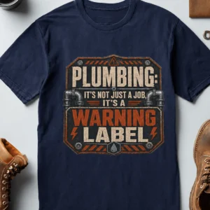 Plumbing Warning Label T-Shirt — Funny Plumber Shirt — navy t-shirt, flat-lay product photo | Pressure Tested Co